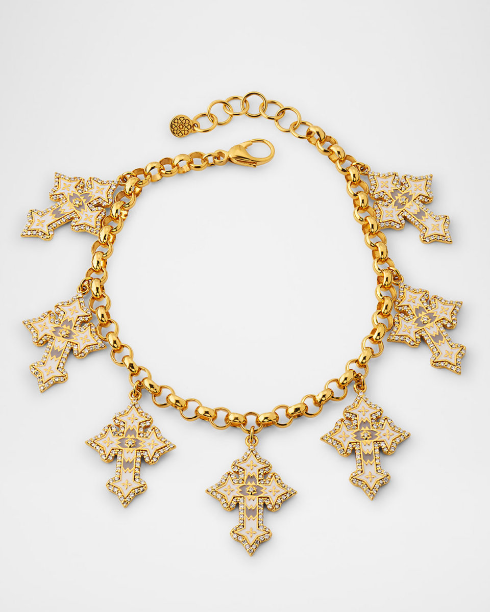 20K White Enamel Cross 7 Charm Bracelet with Diamonds